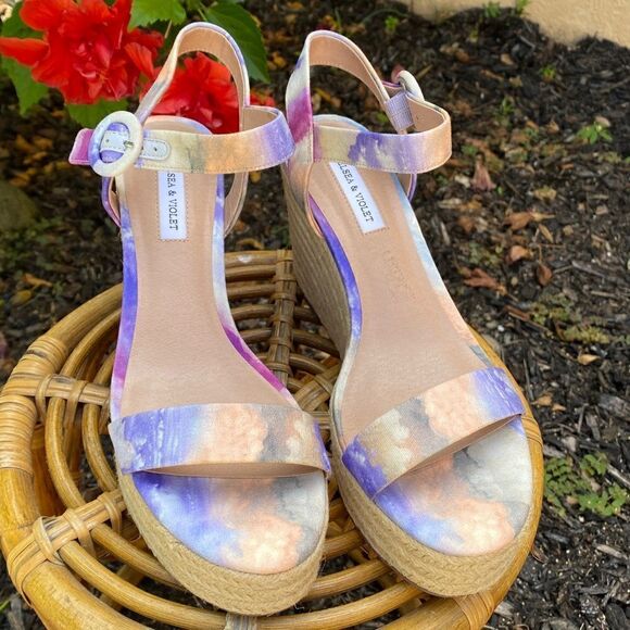 NEW CHELSEA & VIOLET CV-HENNA OPEN TOE ANKLE STRAP TIE-DYE WEDGES 9.5 - Picture 5 of 16